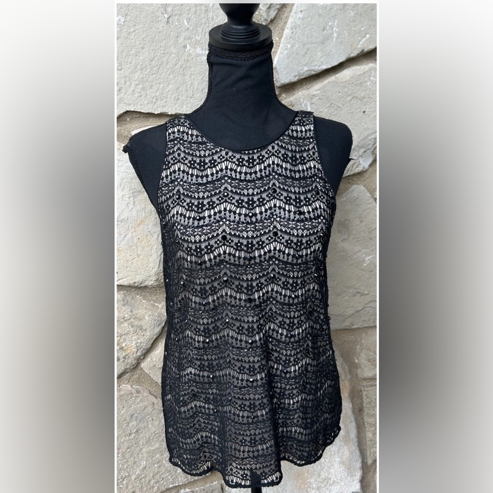 Crochet Lace Black‎ Tank Top XS S Beaded Lined Boho Festival Excellent Condition